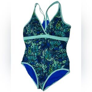L.L. Bean UPF 50+ Swimsuit Green and Blue Floral One Piece Swimsuit Flowers 14